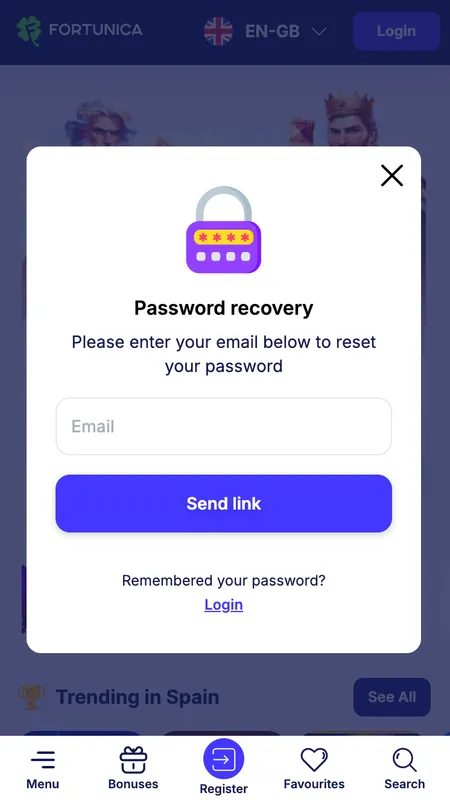 Password reset screen on Fortunica